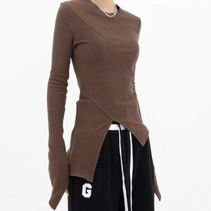 Brown Ribbed Asymmetrical Long Sleeve Top